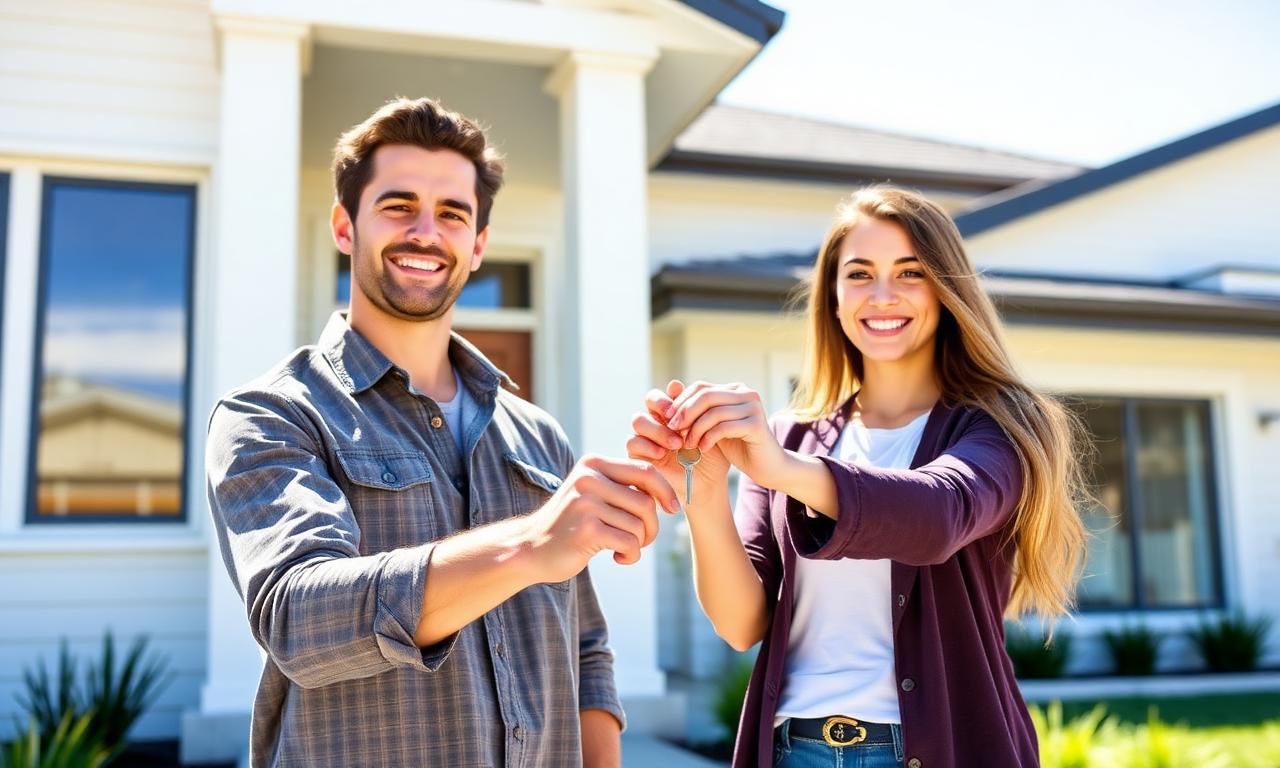 First home buyer couple holding keys outside their new home