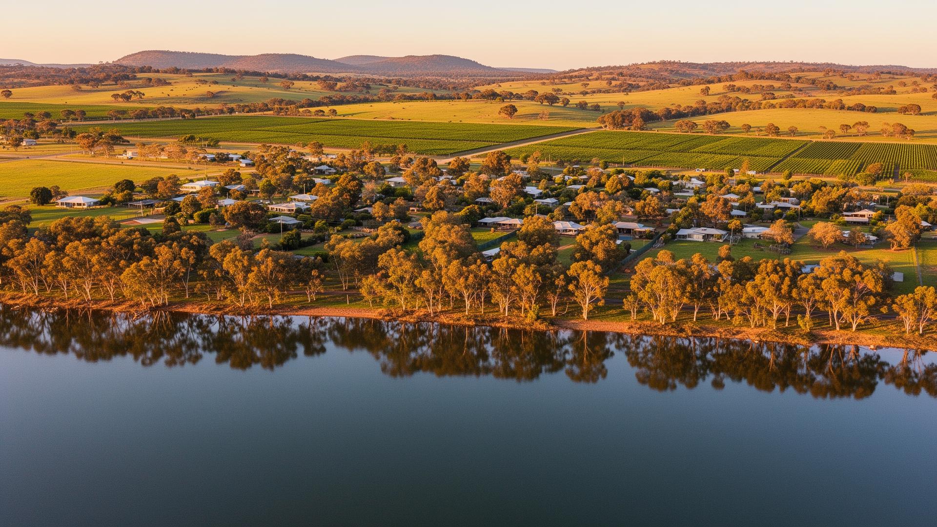 Lake Nagambie aerial view at golden hour