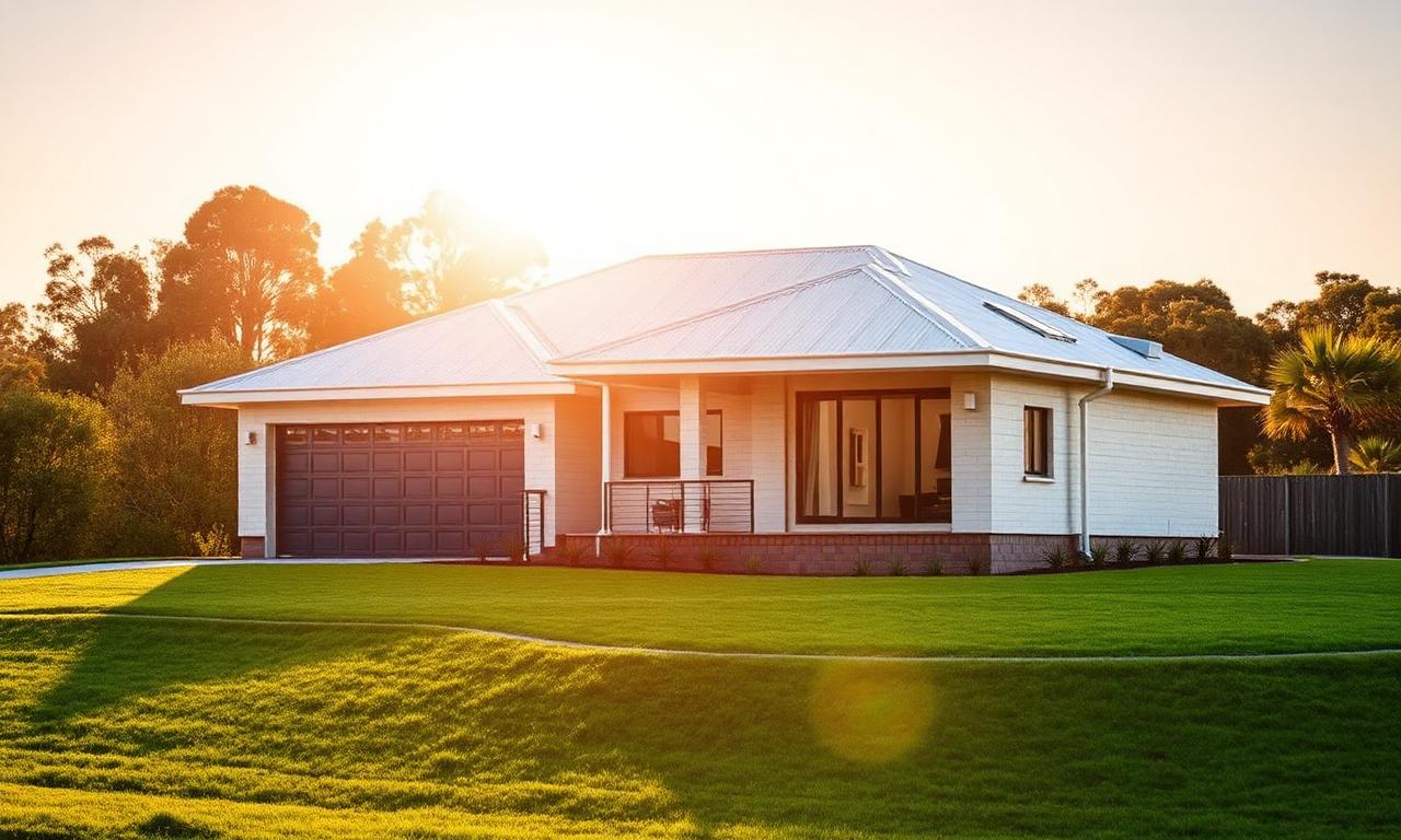 Modern Australian home on a green block at golden hour