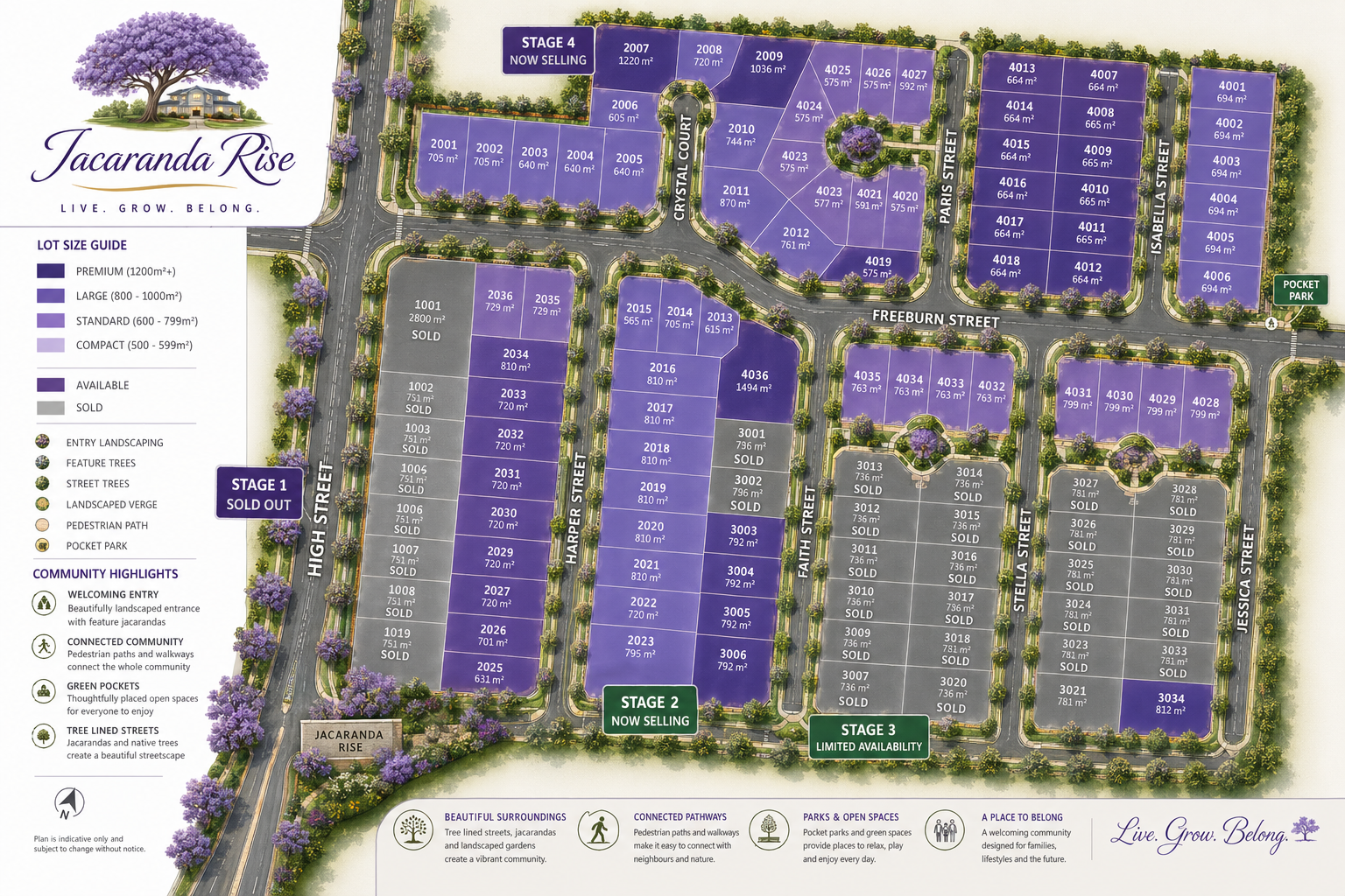 Jacaranda Rise estate map showing all 4 stages and lot numbers across High Street, Harper Street, Crystal Court, Faith Street, Stella Street, Freeburn Street, Paris Street, Isabella Street and Jessica Street