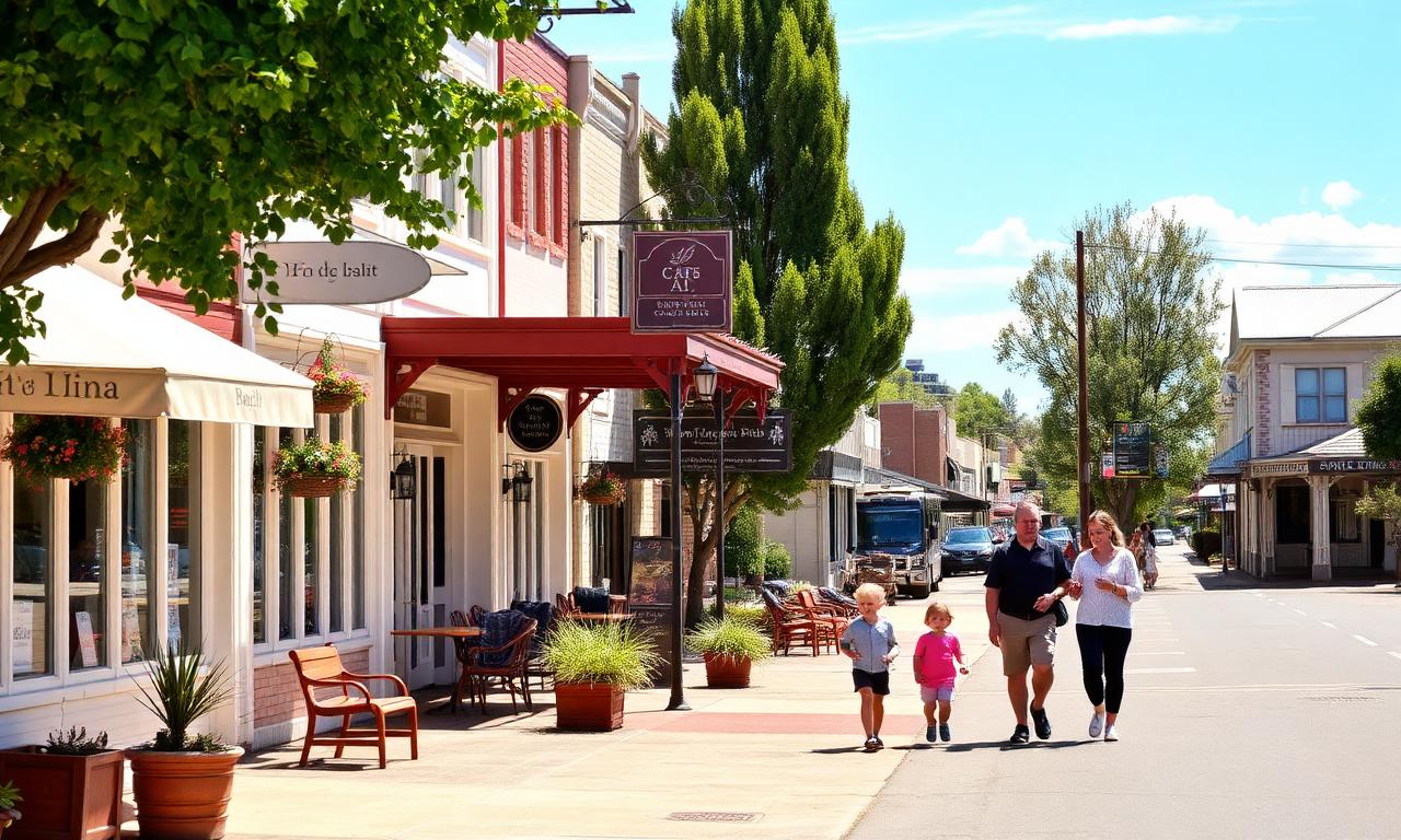 Charming main street in Nagambie with cafes and families walking