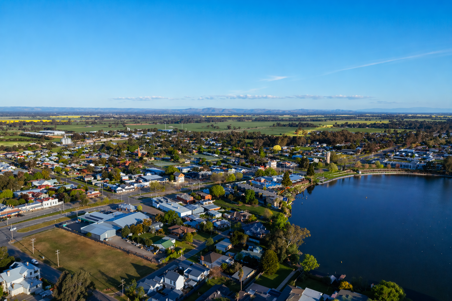 Aerial view of Lake Nagambie and the township at golden hour