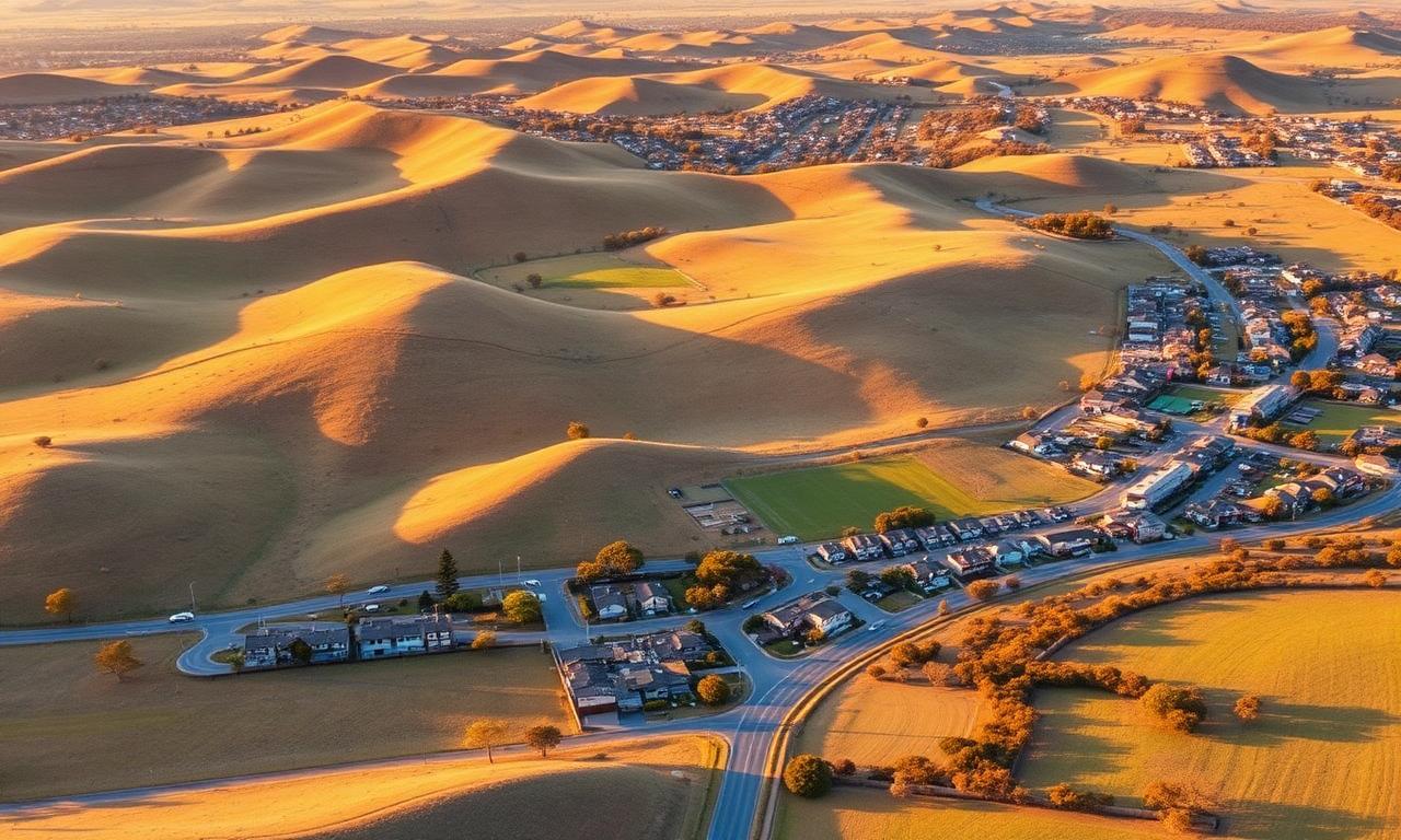 Aerial view of regional Victorian town surrounded by rolling hills
